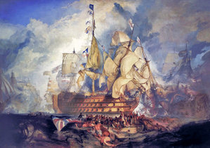The Battle of Trafalgar by J. M. W. Turner (oil on canvas, 1822–1824) combines events from several moments during the battle