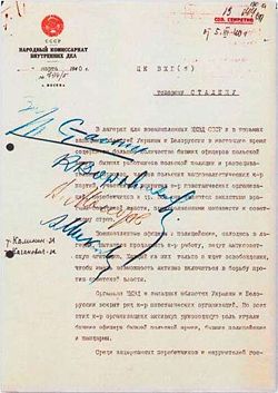 March 5, 1940 memo from  Lavrenty Beria to Joseph Stalin, proposing execution of Polish officers