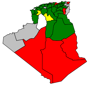      FIS majority     50% FIS     non-FIS majority     Undecided     No data availableIn the above provincial seat allocation results of the 1991 elections, the FIS attained majorities in most of Algeria's populated areas.