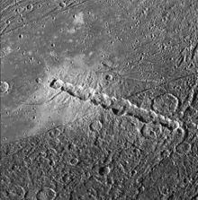 A chain of craters on Ganymede, probably caused by a similar impact event.  The picture covers an area approximately 190 km (120 mi) across.