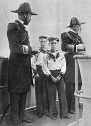 Four kings: King Edward VII (far right), his son George, Prince of Wales (far left), and grandsons Princes Albert (foreground) and Edward (rear), c. 1908.