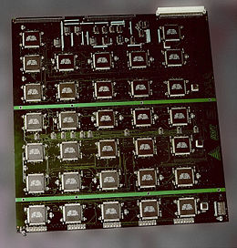 The EFF's US$250,000 DES cracking machine contained over 1,800 custom chips and could brute force a DES key in a matter of days — the photograph shows a DES Cracker circuit board fitted with several Deep Crack chips.