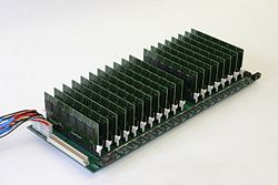 The COPACOBANA machine, built for US$10,000 by the Universities of Bochum and Kiel, Germany, contains 120 low-cost FPGAs and can perform an exhaustive key search on DES in 6.4 days on average. The photo shows the backplane of the machine with the FPGAs.