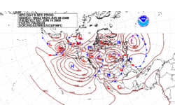 Forecast of surface pressures five days into the future for the north Pacific, North America, and north Atlantic ocean.