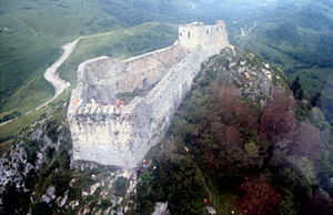 The castle of Montségur was razed after 1244. The current fortress follows French military architecture of the 17th century.