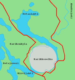 Karikkoselkä - The lake with the impact structure area in grey.