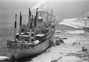 Ice pier during 1983 cargo operations. McMurdo Station, Antarctica