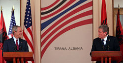 Albania's Prime Minister Sali Berisha with U.S. President George W. Bush in Tirana, June 2007.