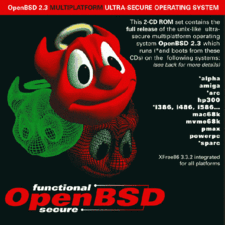 The OpenBSD 2.3 CD-ROM cover with the original mascot, before Puffy appeared with release 2.7