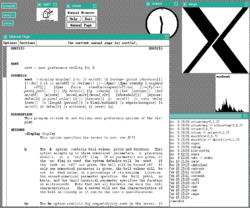 An early-1990s style Unix desktop running the X Window System graphical user interface shows many client applications common to the MIT X Consortium's distribution, including the twm window manager, an X Terminal, Xbiff, xload and a graphical manual page browser.