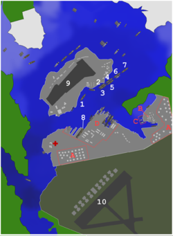  Targets:1: USS California 2: USS Maryland 3: USS Oklahoma 4: USS Tennessee 5: USS West Virginia 6: USS Arizona 7: USS Nevada 8: USS Pennsylvania 9: Ford Island NAS 10: Hickam fieldIgnored: A: Oil storage tanks B:CINCPAC headquarters building C: Submarine base D: Navy Yard