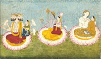 Brahma, Vishnu and Shiva seated on lotuses with their consorts: Saraswati, Lakshmi, and Paravati respectively. ca 1770.