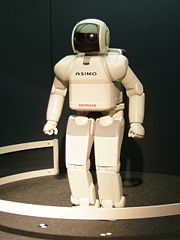 ASIMO, currently the world's most advanced humanoid robot, is under development by Honda. Shown here at Expo 2005.