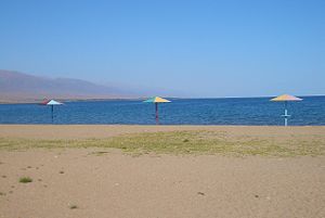 On the beach at Koshkol'