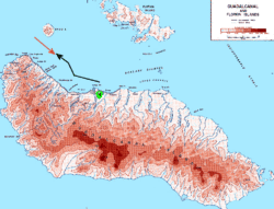 Approximate routes of Japanese force under Abe (red line) and U.S. force under Callaghan (black line) as they head towards each other early on November 13 in Ironbottom Sound between Savo Island, Cape Esperance, and Lunga Point on Guadalcanal.  The green area near Lunga Point on Guadalcanal marks the location of Henderson Field.