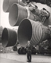 Wernher von Braun, with the F-1 engines of the Saturn V first stage at the US Space and Rocket Center