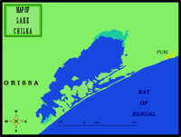 Map of lake Chilka with nearby settlement of Puri.