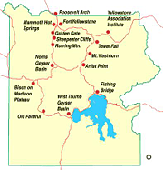 Orientation map of Yellowstone National Park showing many of the major tourist attractions