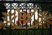 The VOC (Verenigde Oostindische Compagnie) logo of Dutch East India Company on the gates of Wolvendaal church