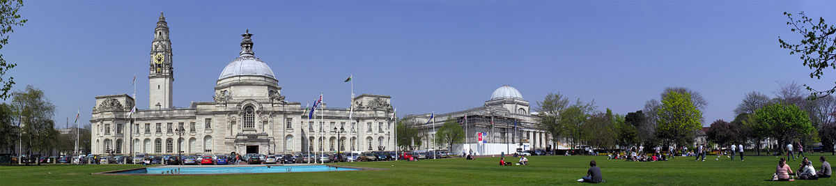 A panoramic view of Cardiff City Hall (left) and the National Museum and Gallery of Wales (right).