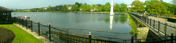 The lake at Roath Park, including the lighthouse erected as a memorial to Captain Scott