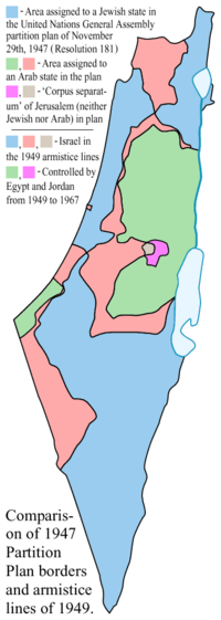 The main differences between the 1947 partition proposal and 1949 armistice lines are highlighted in light red and magenta