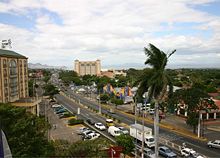 Carretera a Masaya, with the Hilton Hotel on the left approaching Metrocentro, Managua. The building in the far center is the Intercontinental hotel.