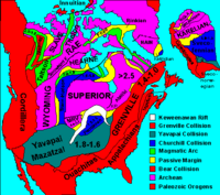 North American cratons and basement rock, showing the formation of the Midcontinent Rift containing today's Lake Superior