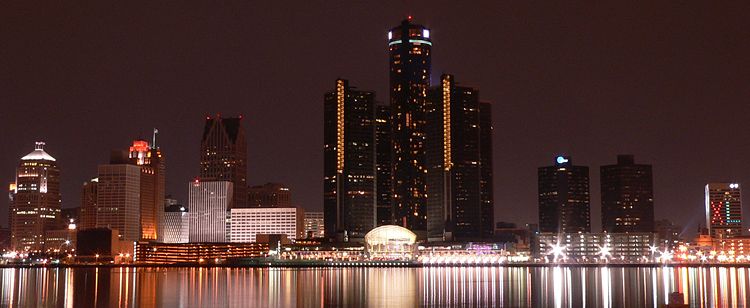 Detroit International Riverfront at night during the Season of Super Bowl XL.
