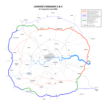 Map of Ringways 3 & 4 showing sections combined to form the M25