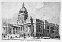 Lithograph of the original plans for Parliament House, Melbourne.  Construction began in 1855 but later stalled and the proposed reading room dome and wings were never completed.