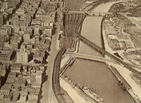 Melbourne and the Yarra in 1928.  The Yarra was a major transport hub.  The turning basin at Queensbridge was no longer the major a port, the river's course was modified and widened and South Melbourne (now Southbank) opposite the CBD was a major industrial area