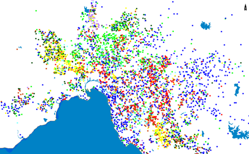 Demographic map of Melbourne. Each dot indicates 100 persons born in Britain (dark blue), Greece (light blue), China (red), India (brown), Vietnam (yellow), Turkey (purple), Italy (light green) and (former states of) Yugoslavia (dark green). Based on 2006 Census data
